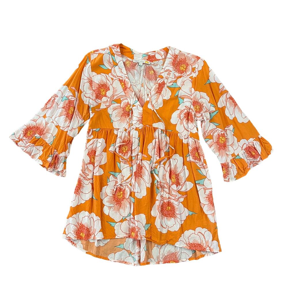C & C California Women's Orange Floral High Low Boho Peasant Top/Blouse - SIZE S